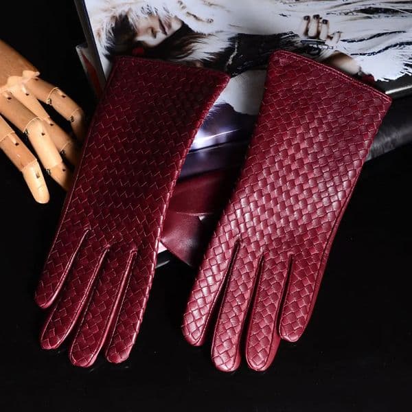 Womens 100 Leather Winter Warm Elegant Woven n Lambskin Goatskin Classical Driving Riding Touch Screen Short Gloves 260509