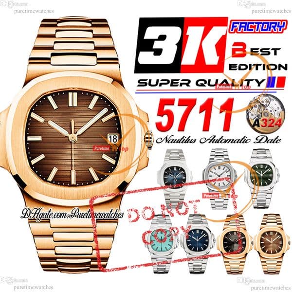 5711A A324 Automatic Date Mens Watch 3KF V3 Rose Gold Brown Stick Dial Stainless Steel Bracelet CHS Puretimewatches Reloj Hombre Montre Hommes Ultra-thin 8.5mm