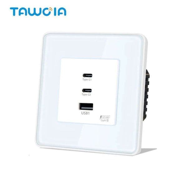 TAWOIA EU 2.5D Glass Frame Wall Power Socket With Dual Type-C USB 65W Fast Ports For Phone Laptop Charging