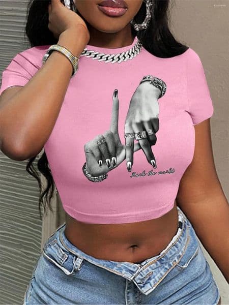 Women's T Shirts Summer Casual Minimalist LA Hand Sign Hip Hop Print Short Sleeve T-shirt Crop Top Tee Ladies Clothes Female Clothing