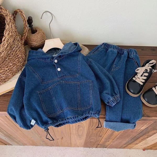Childrens clothing Spring and Autumn boys denim hooded sweatshirt womens Baoyang solid color long sleeved top and pants set 260511