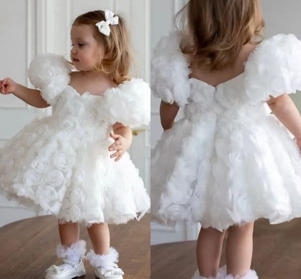 Fluffy Flowers Baby Girl Princess 3D Flower Girl Dresses Puff Sleeve Infant Toddler Child Tutu Wedding Birthday Pageant Baby Clothes First Communion Dress LG1315