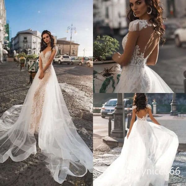 Modest A-Line Wedding Dresses - V Neck Lace Applique Beaded Short Sleeve Gowns with Sweep Train