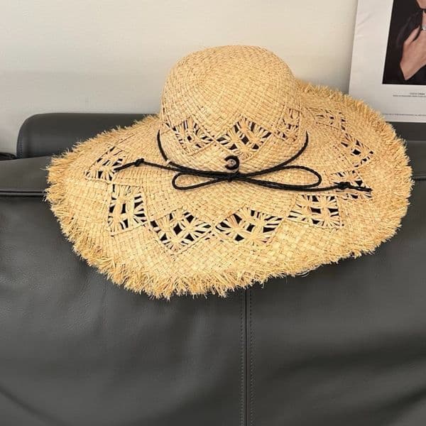 Bucket Hat Designer Women's Hollow Out Straw Sun Hat Wide Brim Fringe Beach Hat with Black Drawstring Bow UV Protection Summer Vacation Cap thumbnail 2