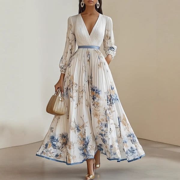 Designer Autumn Winter New Women's Printed V-Neck Sleeve Fashion Pleated Long Dress for Women