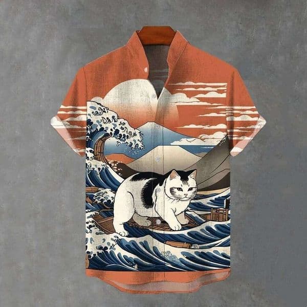 2025 Men's Japanese Cat 3D Printed Hawaiian Shirts Casual Short Sleeve Tops Fashion Men Lapel Button Up Y2k Shirt