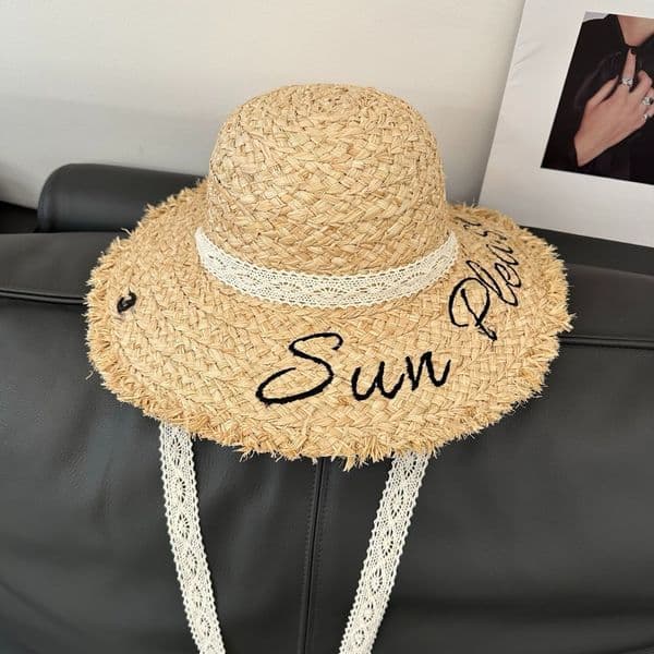Women's Letter Embroidered Straw Sun Hat Hats Designers Women Wide Brim Fringe Beach Hat with Lace Tie UV Protection Summer Vacation Cap