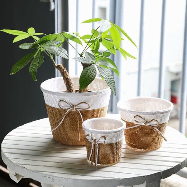 Bohemian Stripe Handwoven Paper Rope Planter, Waterproof Indoor Decorative Mini Flower Basket with Drainage Hole, for Succulents and Houseplants