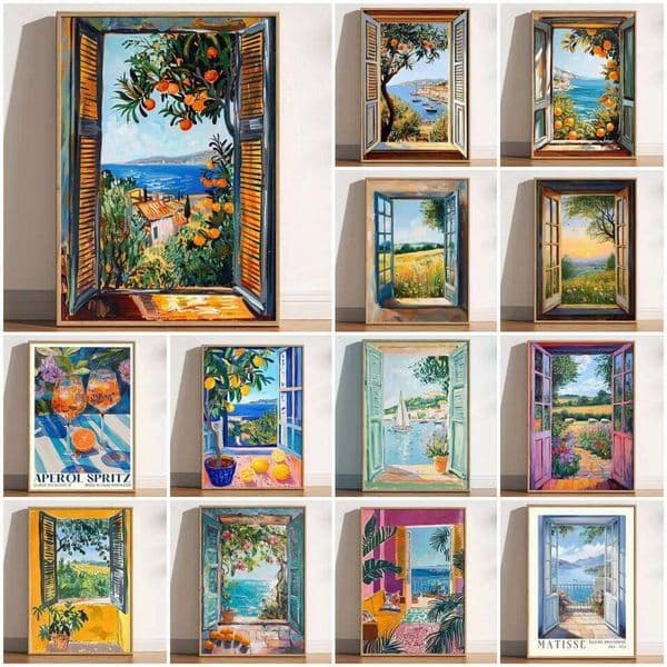 Retro Abstract Open Window Fauvism Painting, Modern Exhibition Print, Countryside Vineyard, Vintage Landscape Poster 26Y0511