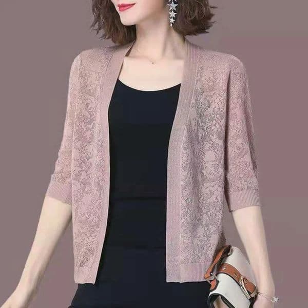 Oversized 2XL Summer Knit Cardigan Coats Korean Elegant Lace Hollow Out Sunscreen Tops Half Sleeve Jackets Cropped Cardigan 260508