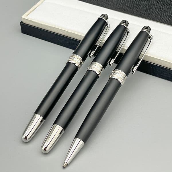 Luxury Mont Pen Black Metal Ballpoint Pen with Silver Trim Smooth Writing Signature Pen for Business Office & Gift