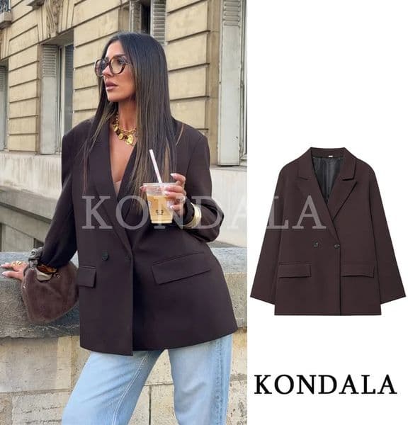 KONDALA Elegant Commute Double-breasted Blazer Women Vintage Brown Buttons Blazer 2026 Spring Summer Trendy Office Lady Blazer 260507
