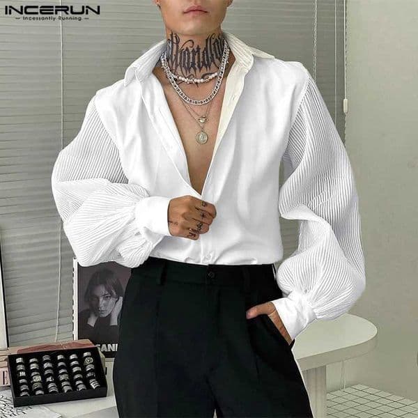 Tops 2025 Korean Style Fashion New Men Texture Pit Stripe Shirts Casual Simple Solid Splicing Bubble Long Sved Blouse L260511