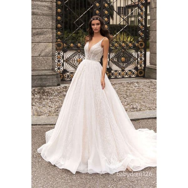 V Neck Lace Dresses Bridal Rhinestone Beading Appliques Court Train Wedding Gowns