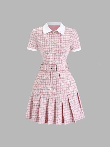 Womens Checkered Plaid Mini Dress Short Sleeve with Belt Casual Business Office Fashion Code 260511