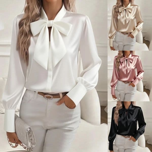 Womens Satin Solid Color Bow Tie Neck Long Sleeve Dressy Elegant Blouse Shirt Tops Casual Office Work 260511