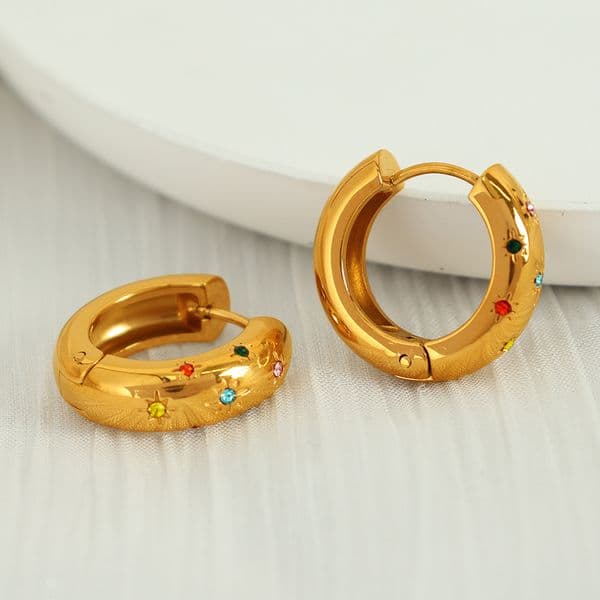 18K Gold Plated Colorful Rhinestone Hoop Earrings Star Inlay Stainless Steel Huggie Earrings Tarnish-Free Lightweight Party Jewelry for Women
