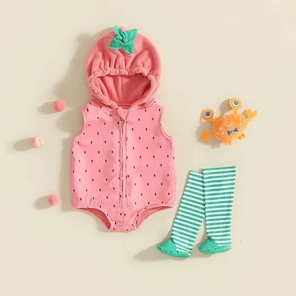 Baby Girls Romper Sleeveless Hooded Strawberry Seed Print Infant Bodysuit with Striped Socks Cute Furit Costumes Outfits 260511