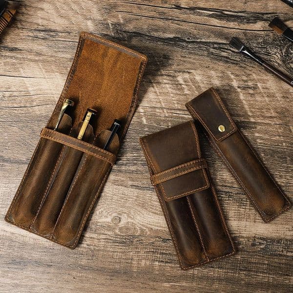 hand-made leather cowhide pencil pen case sleeve storage bag 1/2/3pcs-slot Magnetic drawer type student office home gift 260511
