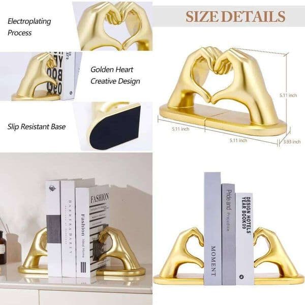 Heart Design Gold Ends Shelves Non-Skid Heavy Duty Resin Book Stopper Books Decorative Holder Ideal for Living Roo 26W05011