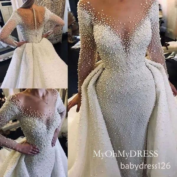 Luxurious Pearls Princess 2026 Wedding Dresses Detachable Train Illusion Long Sheer Neck Church Trends Bridal Gowns Plus Size Cph056 4D05 Womens Zd19 Y511