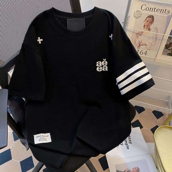 Trendy Retro Letter Embroidery Three-Stripe Short-Sleeve T-Shirt For Men, Summer Loose Design, Niche Couple Top, Ins Style