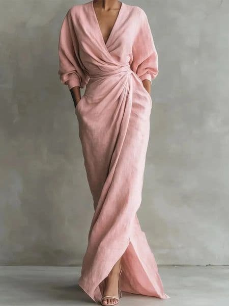 Womens Sexy Neck Waist Wrapped Robe 2026 Spring Casual Solid Color Fit Tight Dress Elegant Long Sleeved Slit Super Skirt 260511