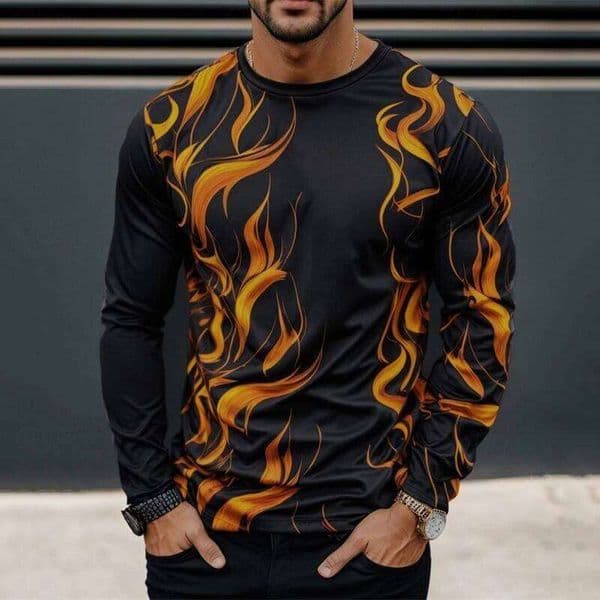 Fashion flame T-shirts Men's Clothing Long Sleeve O-neck Oversized T Shirts 3D Printed Colorful Stone Design Sense Tops