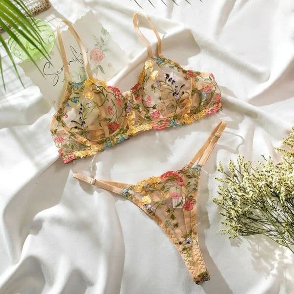 2Piece Embroidery Lingerie Set Sexy Floral Sheer Wireless Bra Boho Panty 260430