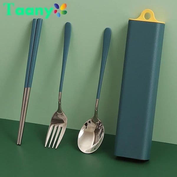 Stainless Steel Dinnerware Set Travel Camping Cutlery Set Reusable Metal Spoon Fork Chopsticks Portable Plastic Box Tableware 260511