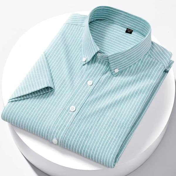 Mens Oxford Shirt 100 Cotton Short Sleeve Causal Stripe Solid Summer Basic Business Formal Social White Slim Fit Blouse 260511
