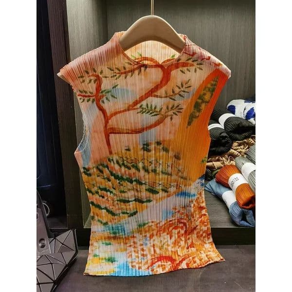Pleats Original T-shirt Summer Pleated Flower Print Tops Casual Fashion Appear Thin Loose Retro Womens Clothing 260509
