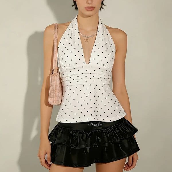 Fashion Sleeveless Backless Women Crop Top Polka Dot Deep V Neck Halter Ruffle Vest Y2K Summer Casual Slim Fit Versatile Camis 260509