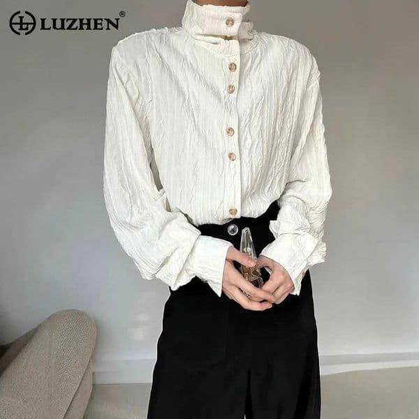 LUZHEN Design Long Pleated Stand Neck Elegant Temperament Sve Shirt Mens 2025 New Korean Handsome Male Clothes JY5559 L260511