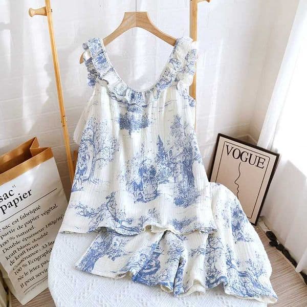 Spring and Summer Loungewear Set Cotton Korean Fashion Floral Printed Sleeveless Tops with Shorts Breathable Loose Pajamas SetJ260511