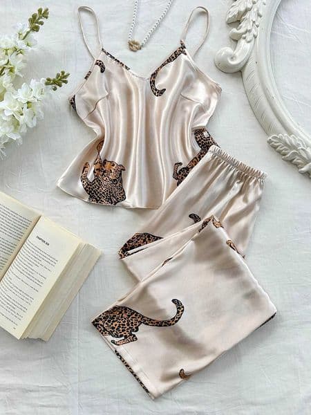 Comfortable Fashionable 2pcs V Neck Leopard Print Suspender Long Pants Pajama SetJ260511