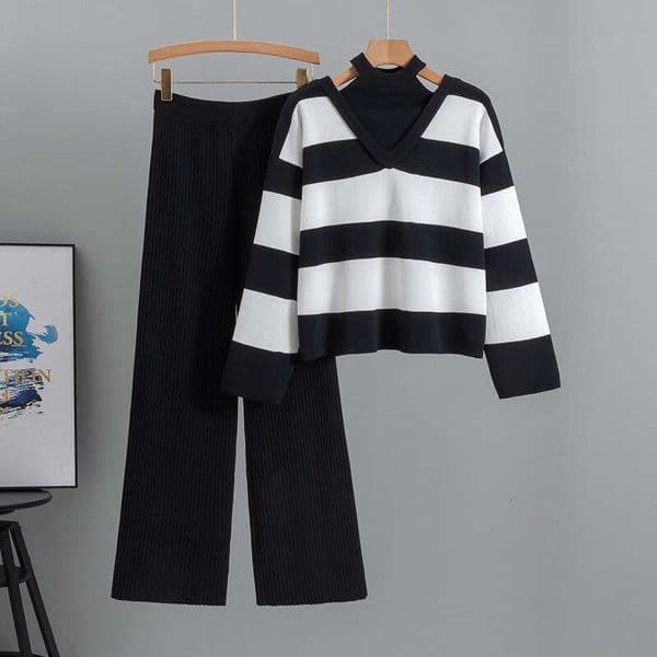 Luxury Cross-Border Women's Spring Autumn 2026 New Style Halter-Neck Faux Knit Top And High-Waisted Wide-Leg Pants Two-Piece Set