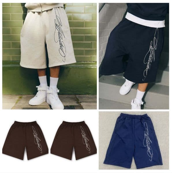 Men's Shorts Y2K Handwritten Letter Embroidered Loose Fit Shorts, High Waist Cotton Blend Streetwear Shorts for Men & Women