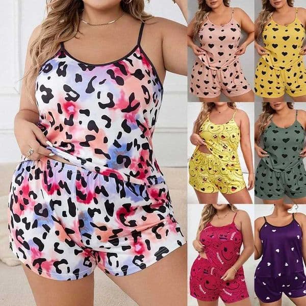 Plus Size Strap Pajama Set For Women Sexy Tank TopsShorts Suit Female XL-5XL Leisure Loose Home Clothes Printed Pattern PajamasJ260511