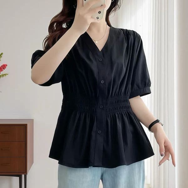 200 Pounds Plus Size Elastic Waist Summer Shirt And Blouse Solid Top Womens In Clothes Simple V-neck French 260509