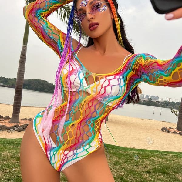 Stage Wear Rainbow Fishnet Rave Bodysuit, Women's Long Sleeve See-Through Mesh Outfit for Festival, Carnival & Beach Party