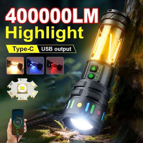NEW 4000000LM High Power LED Flashlights Type-C Rechargeable Tactical Flash Light Powerful Torch Waterproof Camping Lantern S260509