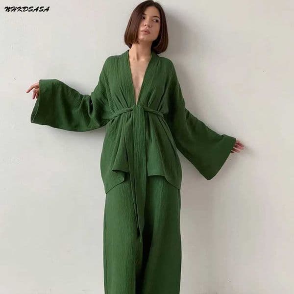 NHKDSASA Kimono Pajamas 2023 New 100 Cotton Crepe Long-Sleeved Trousers Ladies Sleepwear Suit Womens Home Service MujerJ260511