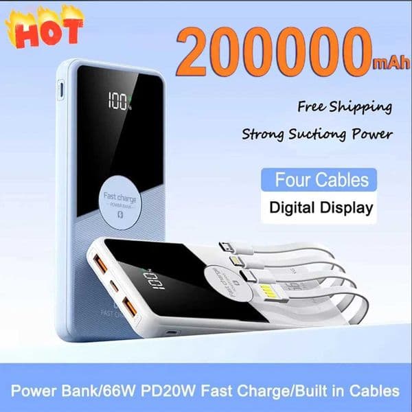 PowerBank 200000mAh Large Capacity with 4 Cables Fast Charging Portable Battery Charger for IPhone16 15 14 Samsung Xiaomi C260511