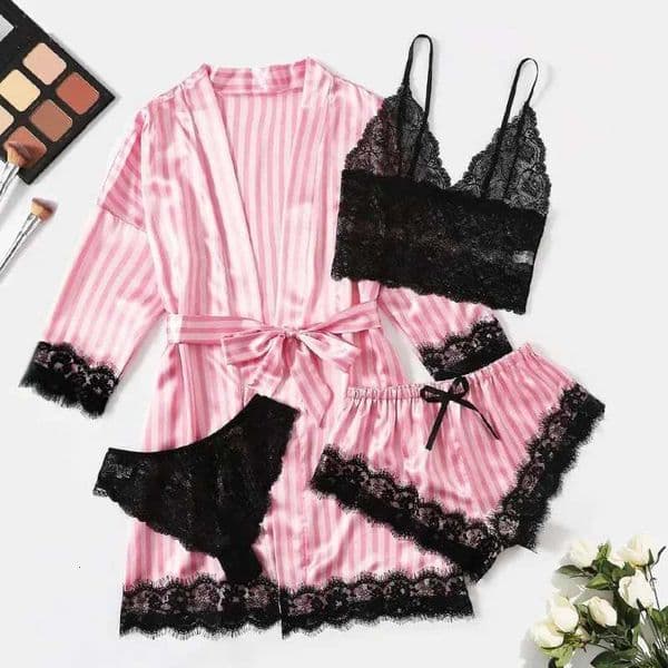 4Pcs/Set Lace Satin Pajama Set with Robe - Cami Top Shorts The Viral Must-Have Elegant Loungewear for Womens SleepwearJ260511