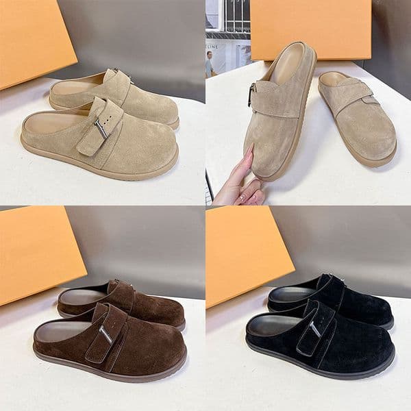 Womens Colorado Closed Mule Designer Luxury Suede Calf Sandals Elegant Luxury Ladies Adjustable Buckle Strap Slides Gold Toned Buckle Rubber Outsole Size 35 41