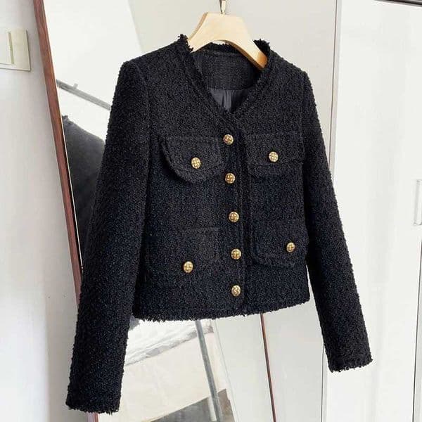 Black Sequins Wool Tweed O Neck Short Coat Small Fragrance Casual Fashion Pockets Korea Chic Daily Women Jacket Autumn WinterT260310