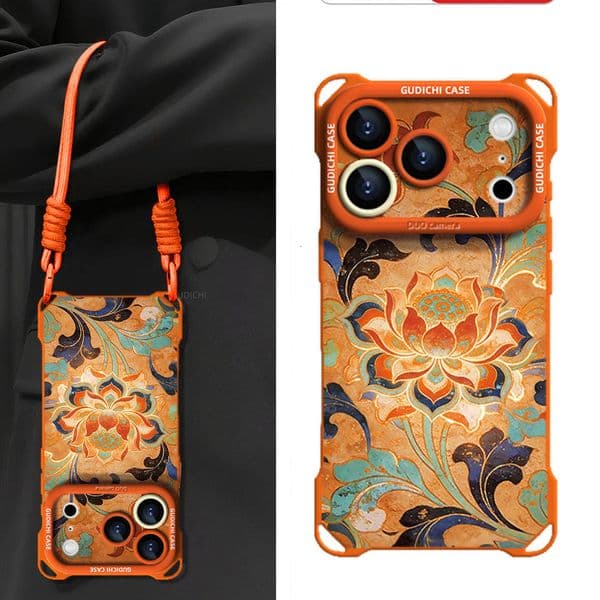 Wrist Crossbody Lanyard Dunhuang Gilt Lotus Flower Case Apple Pro Max, Vintage Chinese Style iPhone 17 Pro, Fashionable Air Shockproof Full Coverage 16, 15