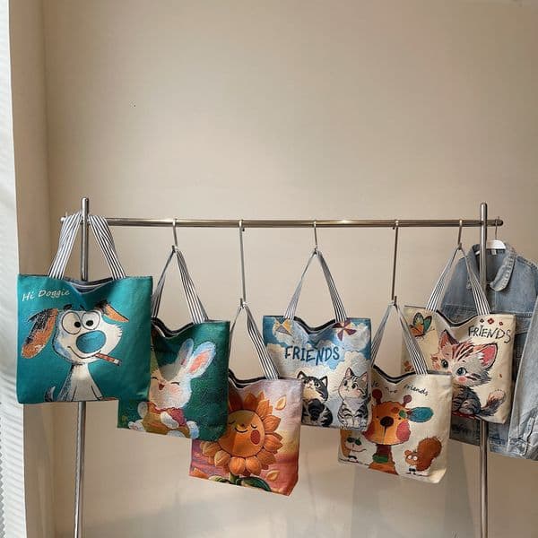 Cartoon Animal Print Canvas Tote Scratch Proof Bag With Striped Handles Large Capacity Casual Shoulder Bag For Daily Use