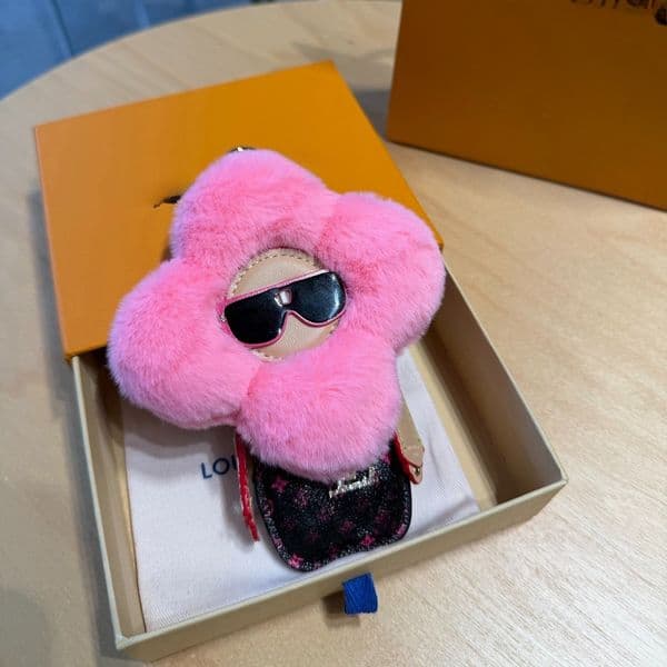 Designer Keychains Bag Charm for Women Sweet Cherry Blossom Plush Bag Pendant Fluffy Bag Accessories Red Color Key Chain